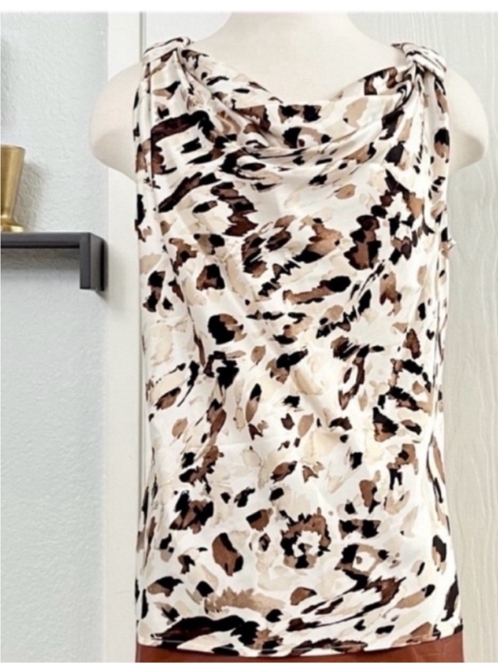 St. John Silk Blend Cream and Brown Animal Print Cowl Neck Tank Sz S